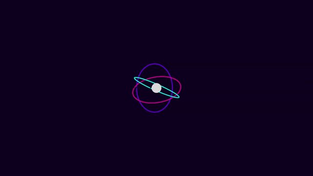 Neon colored glowing atom model orbiting in space representing fundamental physics and microscopic science research particles
