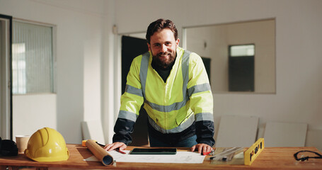 Obraz na płótnie Canvas Engineer, happy and portrait with man and blueprint for property surveyor, architect or renovation. Layout, floor plan or building contractor with person on construction site for remodeling project