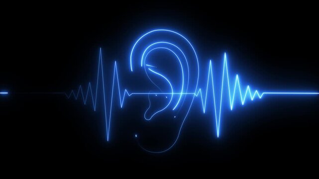 Neon blue human ear outline with pulsing sound wave frequency animation
