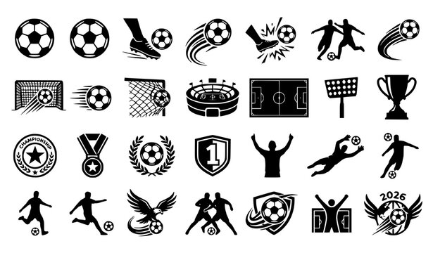2026 Soccer Football Goal Kicking Motion Black White Vector Graphic Set