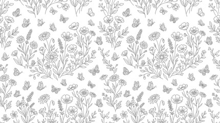 Fototapeta premium Hand-drawn floral pattern with butterflies