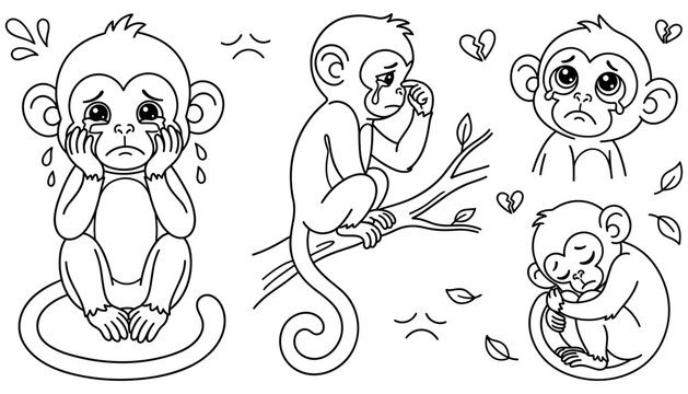 Cute Crying Monkey Character Mascot Vector Set Showing Sad Lonely and Unhappy Expressions for Emotion Concept Children Coloring Book Outline Designs