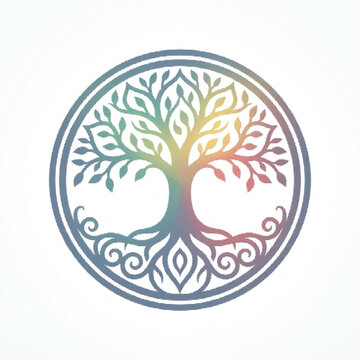 Tree of life symbol in rainbow colors within a circle for spiritual and nature concepts.