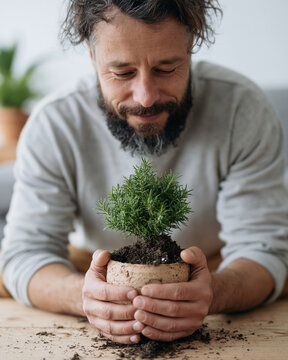 Man smiles gently, holding a small potted plant. His beard and hair frame a warm, contented expression. Earth surrounds the green sprig in a rustic, natural pot. Hands cradle the plant with care