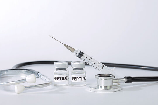 Professional hopeful medical setup displaying peptide vial syringe stethoscope inside clean wellness clinic space for health therapy