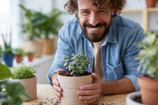 Man smiles warmly while holding a small potted plant. His curly hair and beard frame a joyful expression. He leans over a wooden table scattered with soil