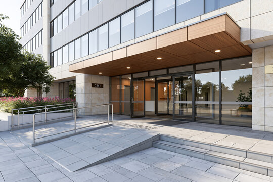 Modern building entrance with glass doors and wooden canopy. Stone steps lead to smooth, accessible entryway. Metal railings ensure safe, contemporary access. Glass panels reflect surroundings