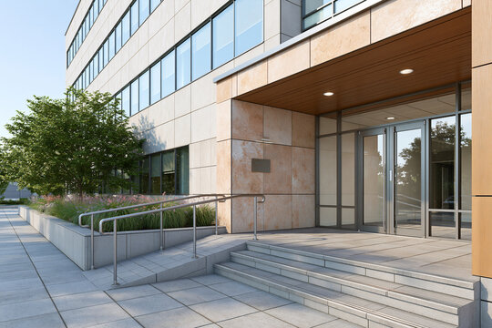 Modern glass and stone building entrance. Steps lead to glass doors with sleek metal railings. Trees and shrubs soften the urban setting. Clean, professional, and welcoming atmosphere