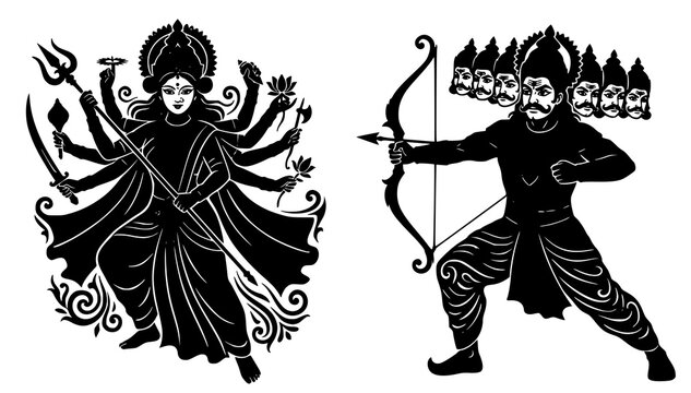 Maa Durga Ravana Epic Hindu Battle Black Line Vector Illustration