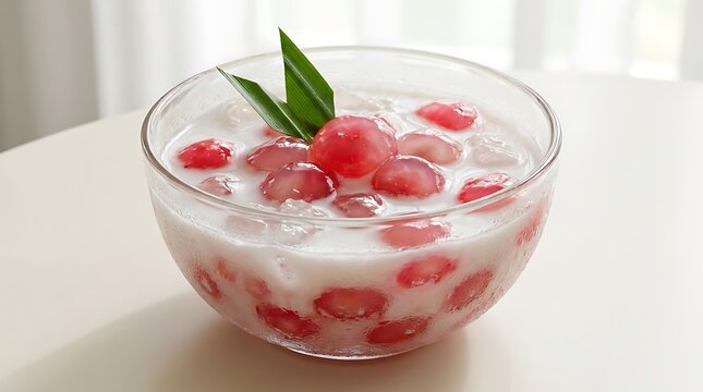 Traditional thai dessert with red water chestnuts in coconut milk in a glass bowl. Thai dessert options