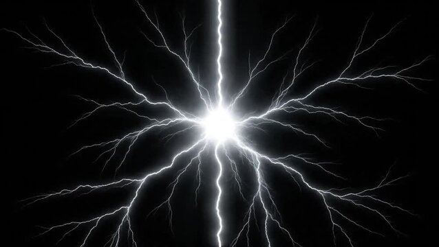 Bright electric discharge sparks emanating from a central glowing point on black background.