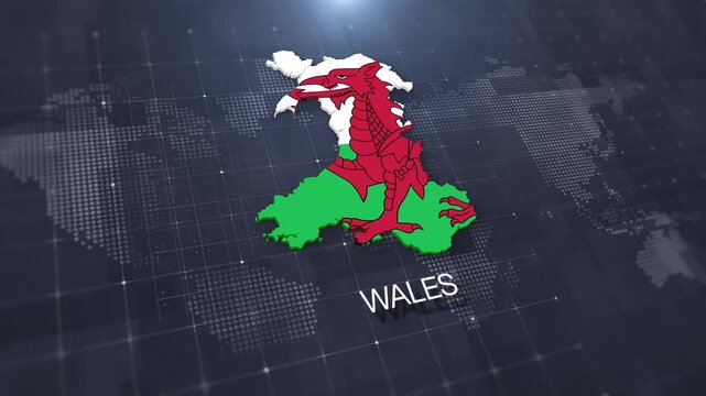 Wales map with national flag on digital world map background, geographic border, global political and international news concept