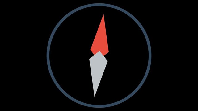 Compass Needle Spinning in Circular Motion Within a Blue Ring. Rotating Navigation Indicator on Black Background.