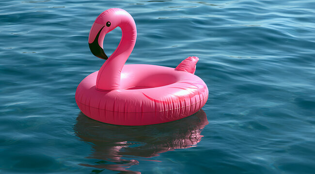 A bright pink inflatable flamingo pool float floating lazily on a serene blue water