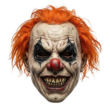 Scary clown mask with orange hair isolated on transparent background