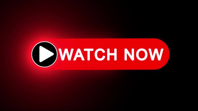 Watch now button animation, A white button with a red play icon. for online movies, streaming on black background