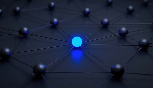 Abstract digital network structure with a single glowing blue light sphere in the center representing connectivity technology abstract communication connection internet innovation