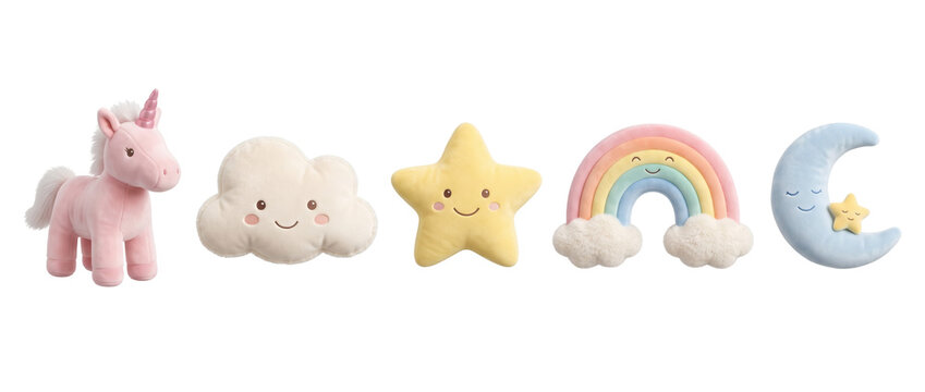 Cute nursery plush pillows set isolated on transparent background. Soft stuffed unicorn, cloud, star, rainbow and moon toys cutout. Beautiful high quality 3d realistic design element collection.