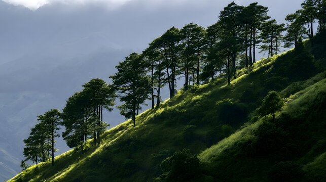 A row of tall pine trees stands on a sunlit mountain slope  casting shadows over lush green hillsides under a cloudy sky