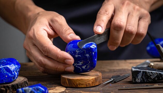 "Deep blue lapis lazuli stone polished with grinder symbolizing craftsmanship, refinement, and transformation of raw mineral into artistry."