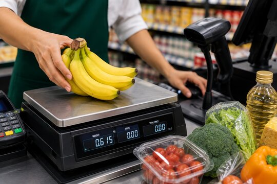 Cashier weighing fresh yellow bananas on a digital scale at a supermarket checkout counter