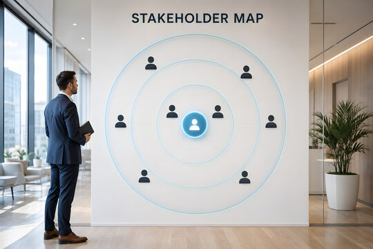 Businessman standing in a modern office observing a stakeholder map graphic, analyzing key corporate influencers and organizational alignment.