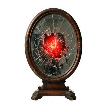 Antique oval mirror with shattered glass and glowing red light center isolated on transparent background