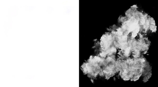 Atmospheric white smoke cloud on black background, thick steam vapor texture, ethereal fog effect for compositing