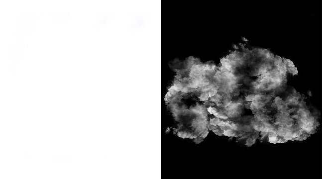 Atmospheric white smoke cloud on black background, thick vapor texture with alpha channel mask, realistic fog and steam effect