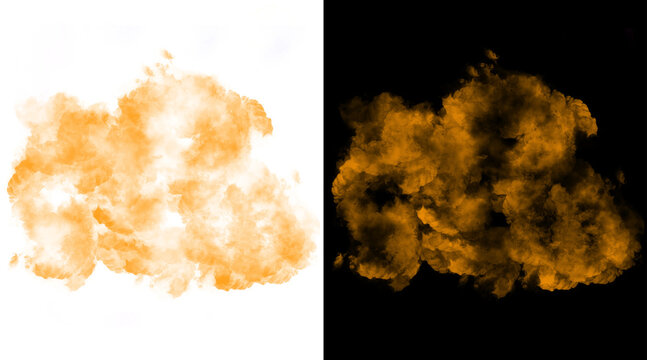 Orange smoke explosion on white and black backgrounds, realistic fire cloud effect, cinematic dust burst for visual effects