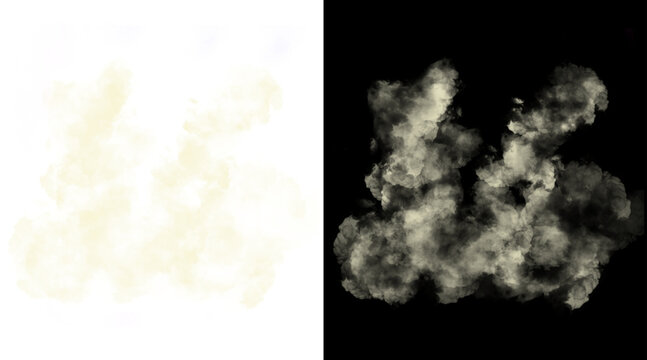 Atmospheric smoke plumes on black and white backgrounds, thick vapor clouds for compositing, realistic dust and steam effects