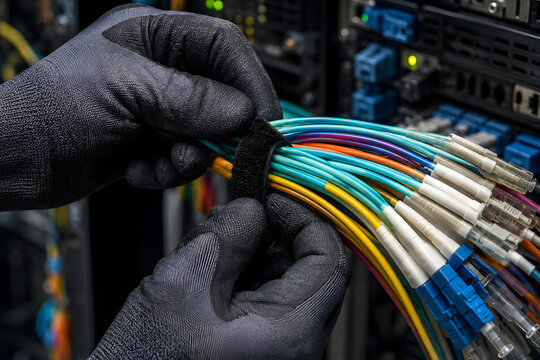 Industrial technician with protective gloves organizing fiber optic network cables using black velcro ties for efficient cable management in modern server room.