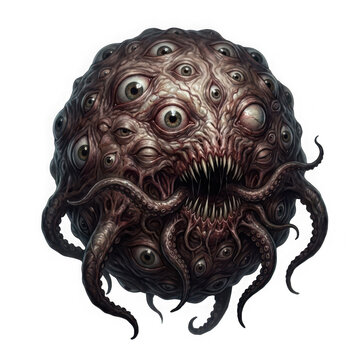 Horrifying eldritch monster with many eyes and tentacles isolated on transparent background