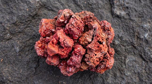 Close up of a cluster of red mineral stones on a dark textured background.