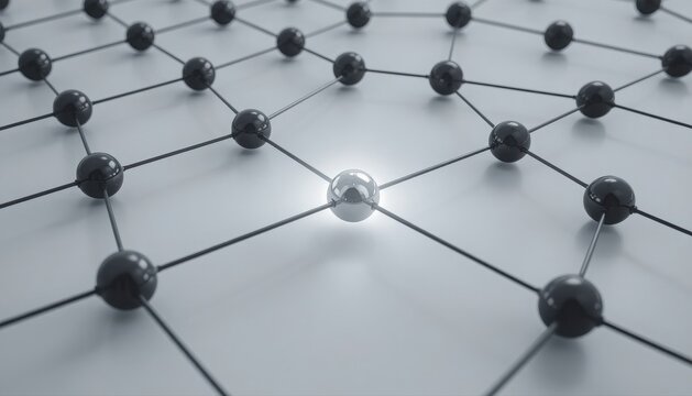 Conceptual network graph with unique glowing silver node connectivity technology connection communication structure business innovation abstract internet complexity information leadership