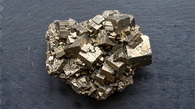 Close up of a golden pyrite mineral cluster on a dark slate background.