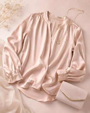 Elegant Blush Silk Blouse Flat Lay with Necklace and Clutch Bag