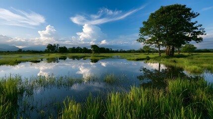 Obraz premium A serene flooded rice field reflects a bright blue sky and fluffy white clouds under clear atmospheric light