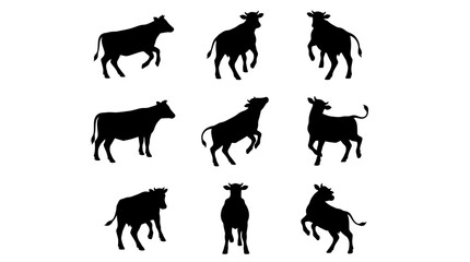 Obraz premium Dynamic cattle silhouettes, a versatile vector collection of nine black cow and bull figures, ideal for farm branding, agricultural designs, and livestock illustrations.