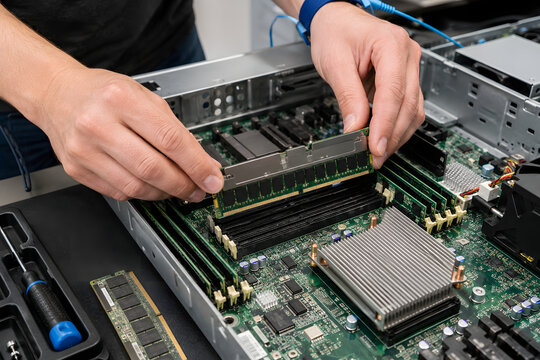 Engineer installing memory module into computer motherboard inside server hardware rack unit maintenance service for high performance industrial computing system.