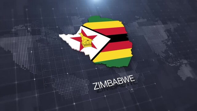 Zimbabwe map with national flag on digital world map background, geographic border, global political and international news concept
