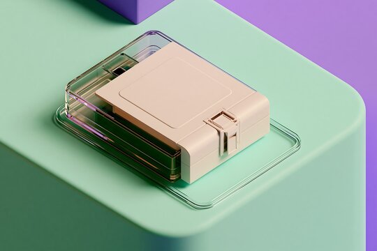 Beige square cosmetic compact case with transparent lid on a pastel green and purple