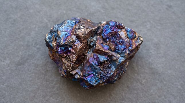 Iridescent Chalcopyrite Mineral Specimen on Textured Surface.