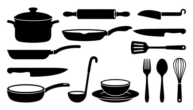 Kitchen Utensils and Cookware Silhouette Vector Icon Collection Featuring Cooking Pots Frying Pans Rolling Pin Kitchen Knives Spatula Ladle Fork Spoon and Whisk