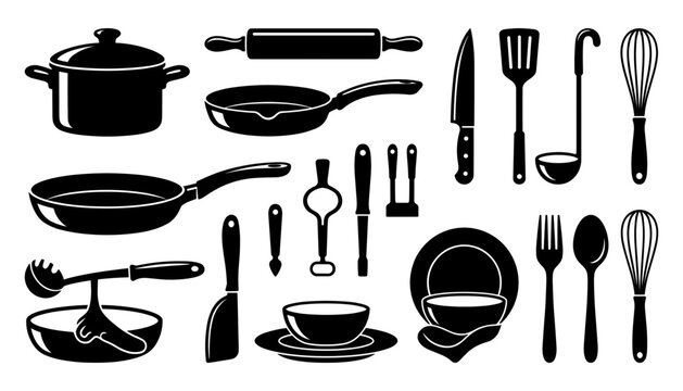 Kitchen Utensils and Cookware Silhouette Vector Icon Set Featuring Pots Pans Rolling Pin Knife Spatula Ladle Whisk Bowls Plates and Cutlery