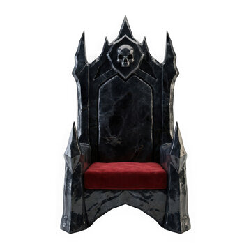 Gothic dark throne made of black stone with skull carving and red velvet cushion isolated on transparent background