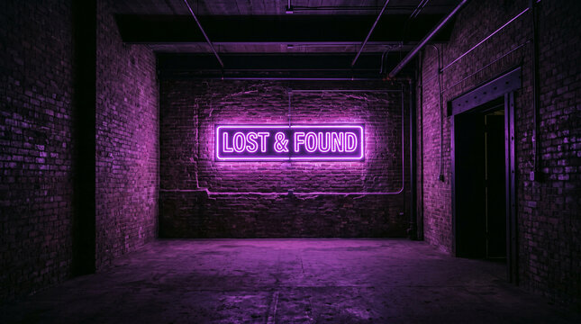 Neon sign reading lost found on a dark brick wall in an industrial room