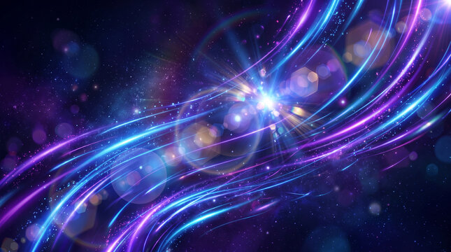 Abstract background with glowing blue and purple light streaks and lens flares in deep space