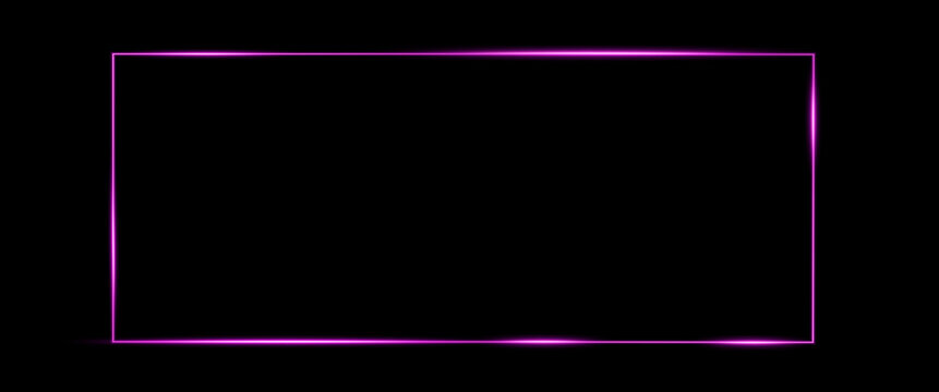 Glowing purple neon rectangle frame with side flare on black background. Futuristic geometric border.