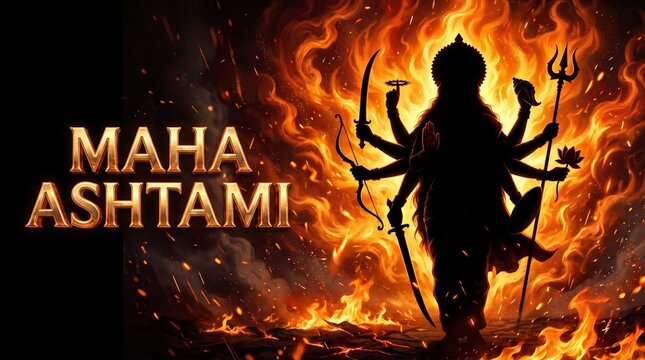 A Powerful Maha Ashtami Greeting with a Fiery Goddess Silhouette